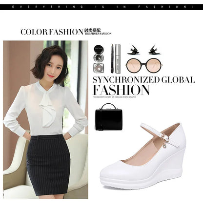 high quality leather shoe for women 7cm wedge high heel platform round toe 32 33 42 43 elegant and fashion shoe white red black
