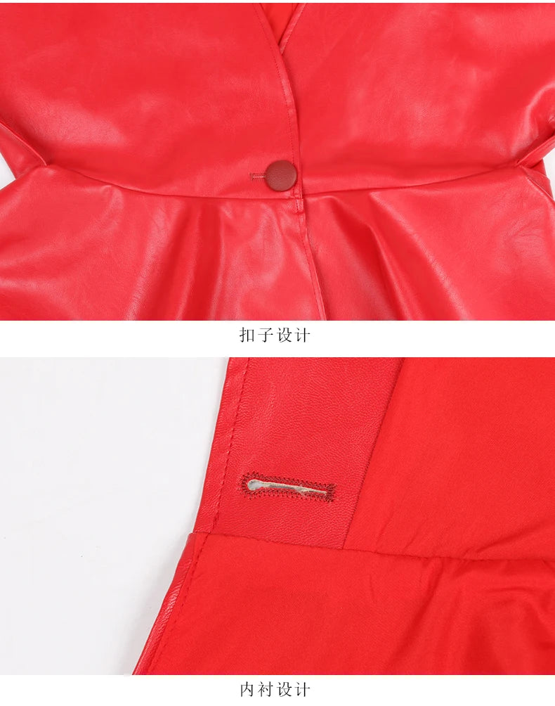 Nerazzurri Spring Short Red Faux Leather Vest Women Belt Runway Fashion Elegant Luxury Designer Clothes Sleeveless Jacket 2022