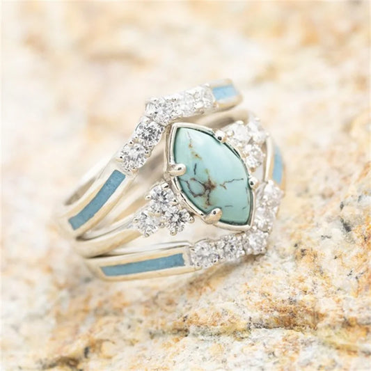 3 Pieces/Set Women's Turquoise Rings Delicate Moissanite Engagement Wedding Rings Anniversary Birthday Christmas Gift Jewelry