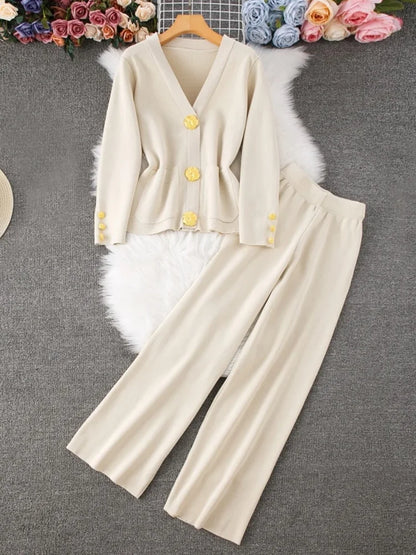 2024 Autumn Winter Knitted Set Women Casual Gold Button V-Neck Long Sleeve Sweater Cardigan Coat + Wide Leg Pants Two Piece Sets