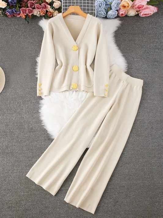 2024 Autumn Winter Knitted Set Women Casual Gold Button V-Neck Long Sleeve Sweater Cardigan Coat + Wide Leg Pants Two Piece Sets
