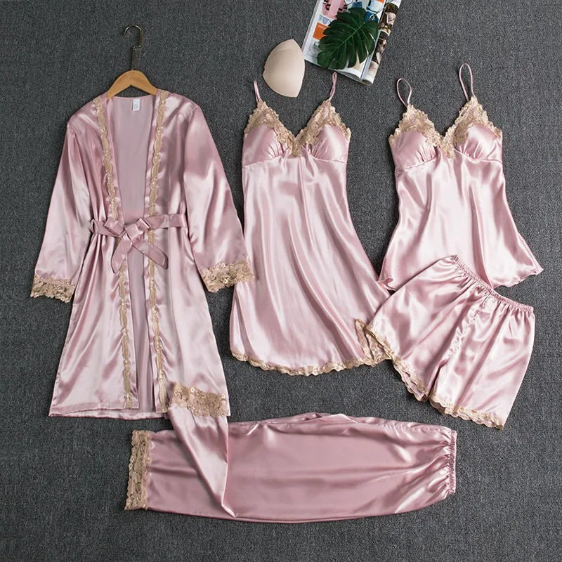 2024 New Style Pajamas Set with Bra Pads, Silk Sexy Strappy Golden Floral Five-Piece Pajamas Thin Homewear