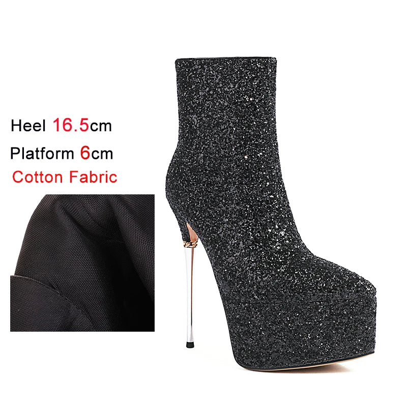 2025 New Autumn Winter Shiny Stiletto Ankle Boots Woman High Heels Glitter Bling Short Boots Women Platform Pointed Toe Shoes