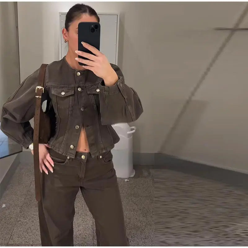 Vintage Solid Denim Jacket Pants Sets Women O-neck Single Breasted Long Sleeve Coat Wide Leg Trousers 2025 Jeans Outfits Street