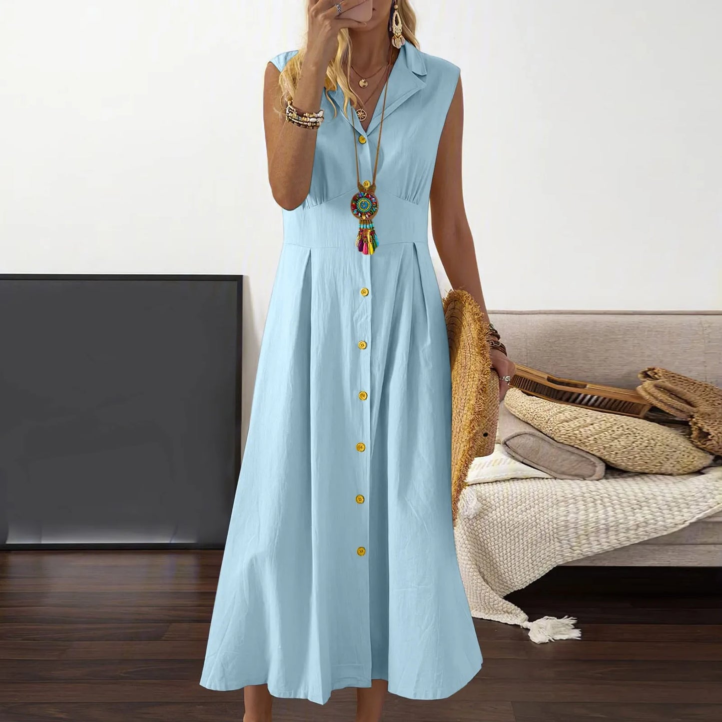 Casual Loose Sleeveless Shirt Dress Solid Color Button Cotton Linen Blend Dress Elegant Vacation Holiday Dresses платье женское