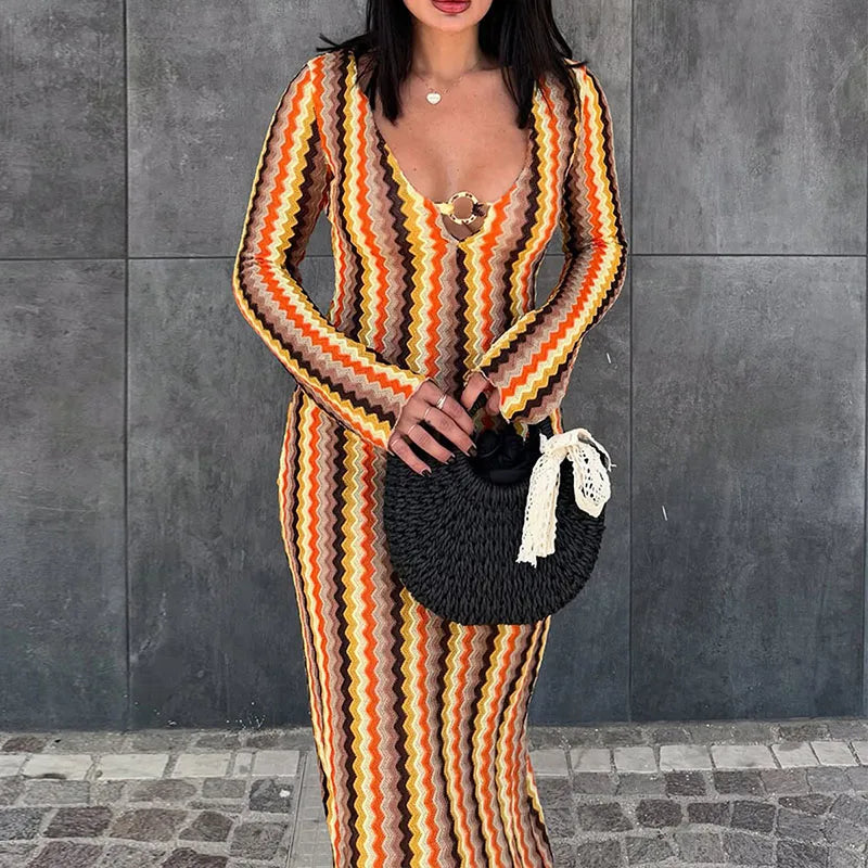 Autumn Colorful Striped Printed Dress Beach Wrap Hip Long Sleeve Party Dress Sexy Lady V Neck High Waist Slim Holiday Dress