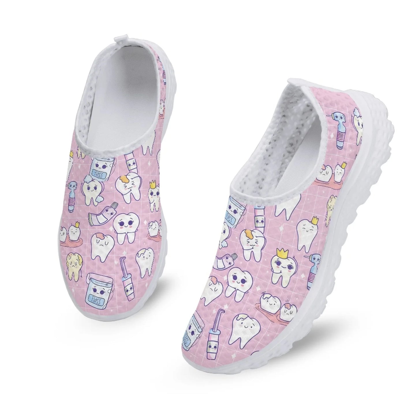INSTANTARTS Cartoon Dental Loafers Pink Tooth Print Comfortable Breathable Shoes Medical Nurse Shoes Women's Slip On Shoes Flat
