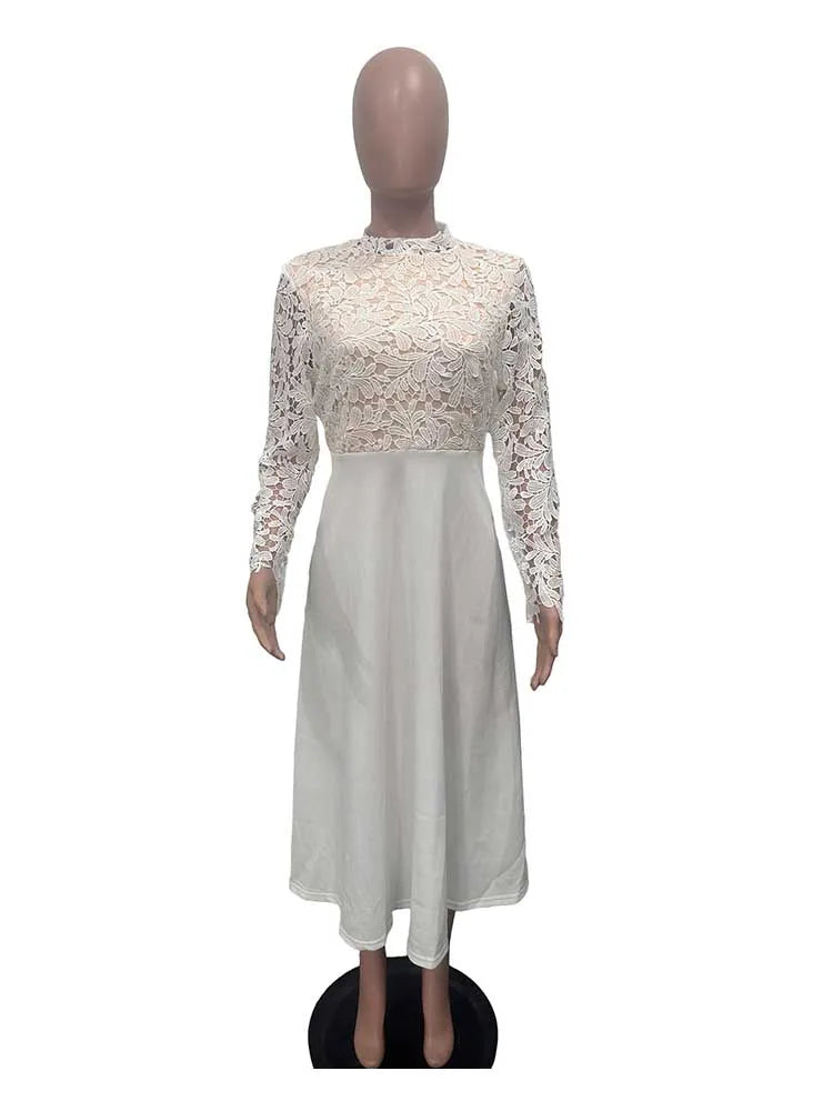 EtherealBe elegant lace party dress for women white long sleeve lace bodice high neck A line midi