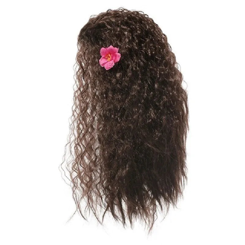 Brown curly wig with pink flower accessory for kids Moana 2 Halloween costume
