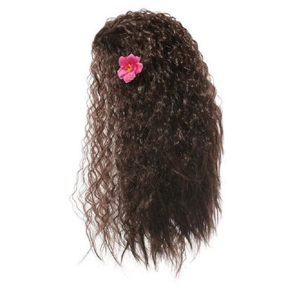 Brown curly wig with pink flower accessory for kids Moana 2 Halloween costume