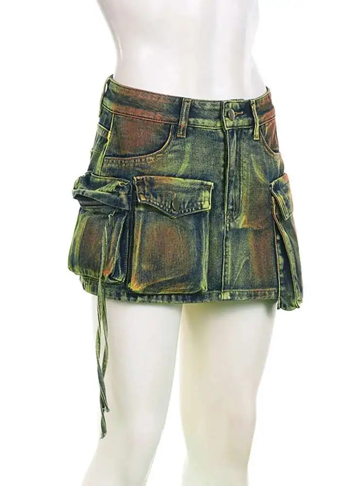 DEAT Women's Denim Skirts Tie-dye Green Irregular Spliced Multiple Pockets Cargo Mini Skirt 2025 Summer New Fashion 29L3411