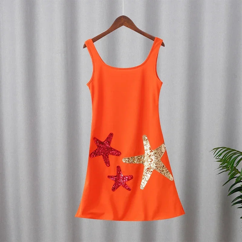 Prined Casual Women Star Mini Dress Fashion Sling Sleeveless Backless Pleat High Waist Robe 2025 New Female Beach Vacation Wear