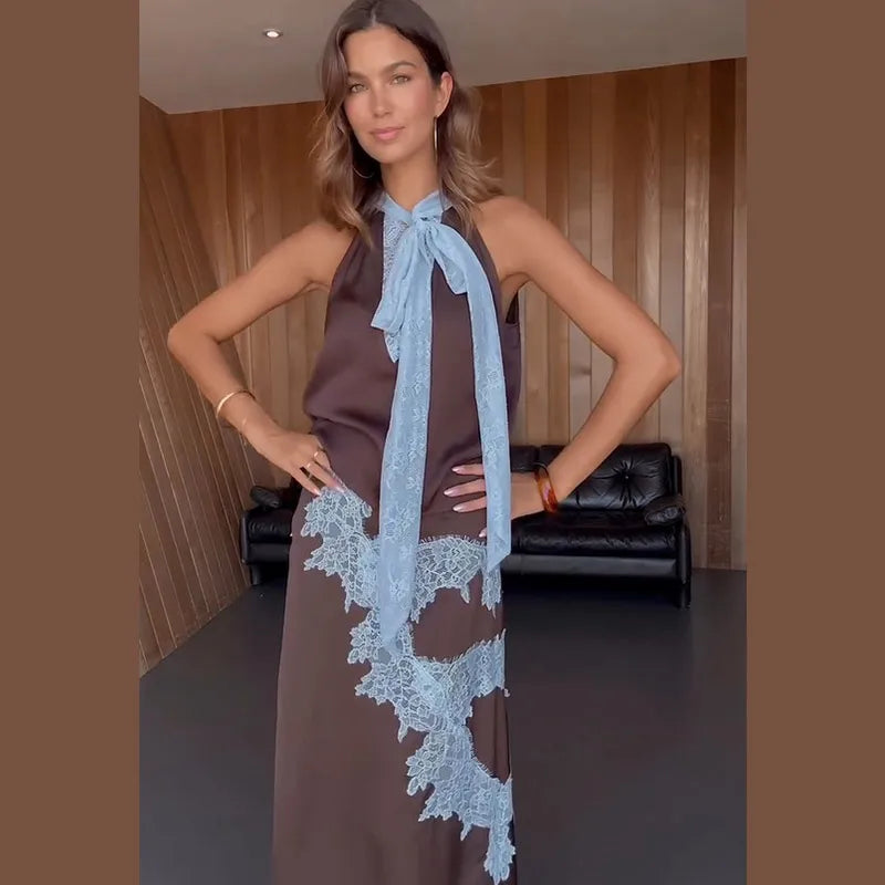 Contrast Patchwork Lace Maxi Skirt Suit Women Satin V-neck Sleeveless Skirts Suits 2025 Lady Summer Casual Daily 2 Pieces Set