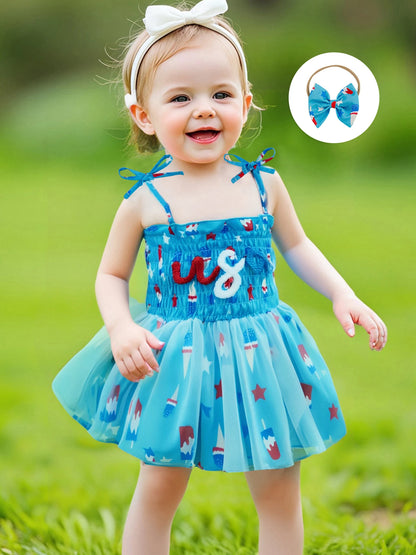 Infant Girls Patriotic Romper Dress with Sleeveless Design Embroidered Letters and Matching Headband for Independence Day