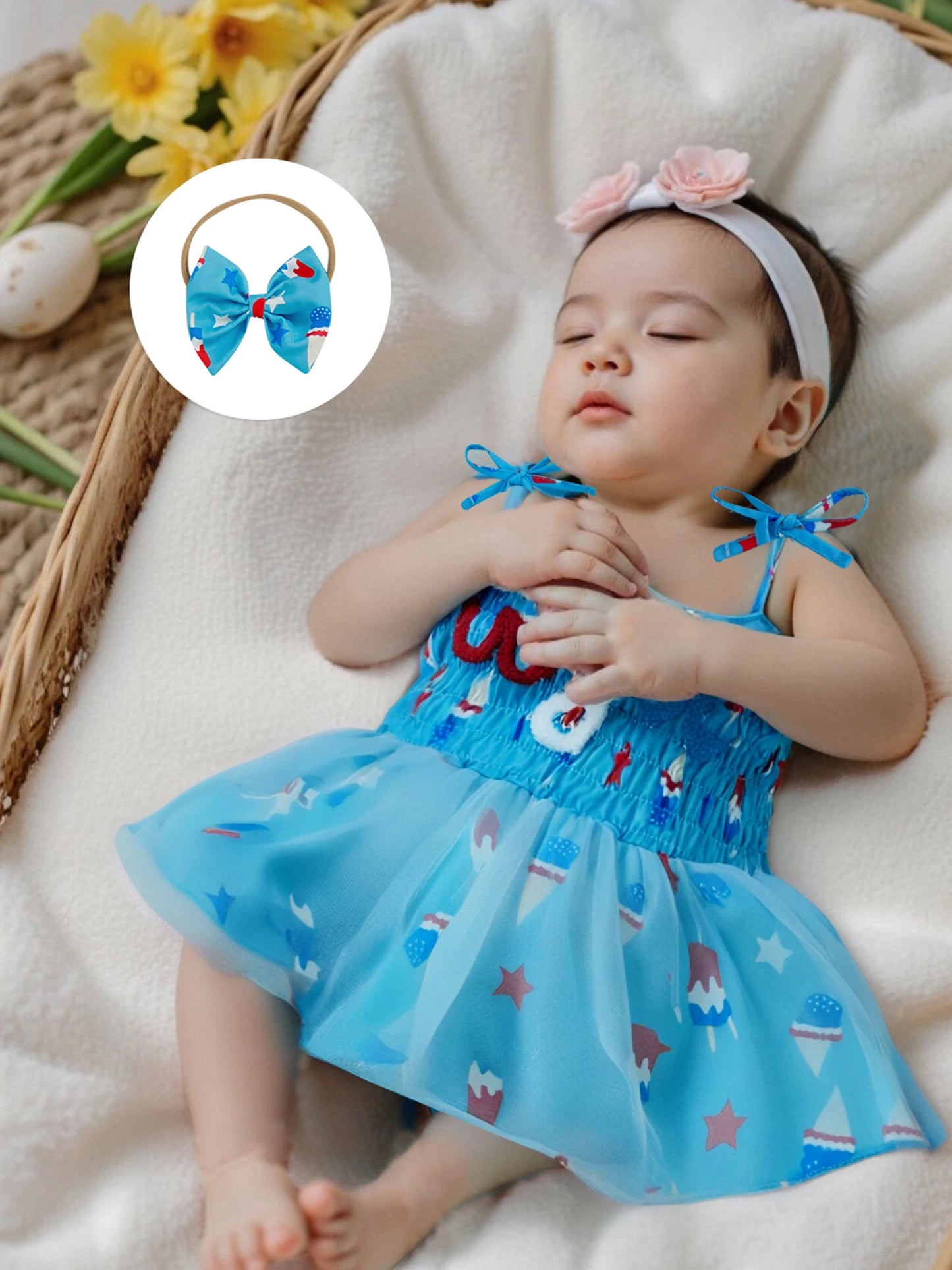 Infant Girls Patriotic Romper Dress with Sleeveless Design Embroidered Letters and Matching Headband for Independence Day