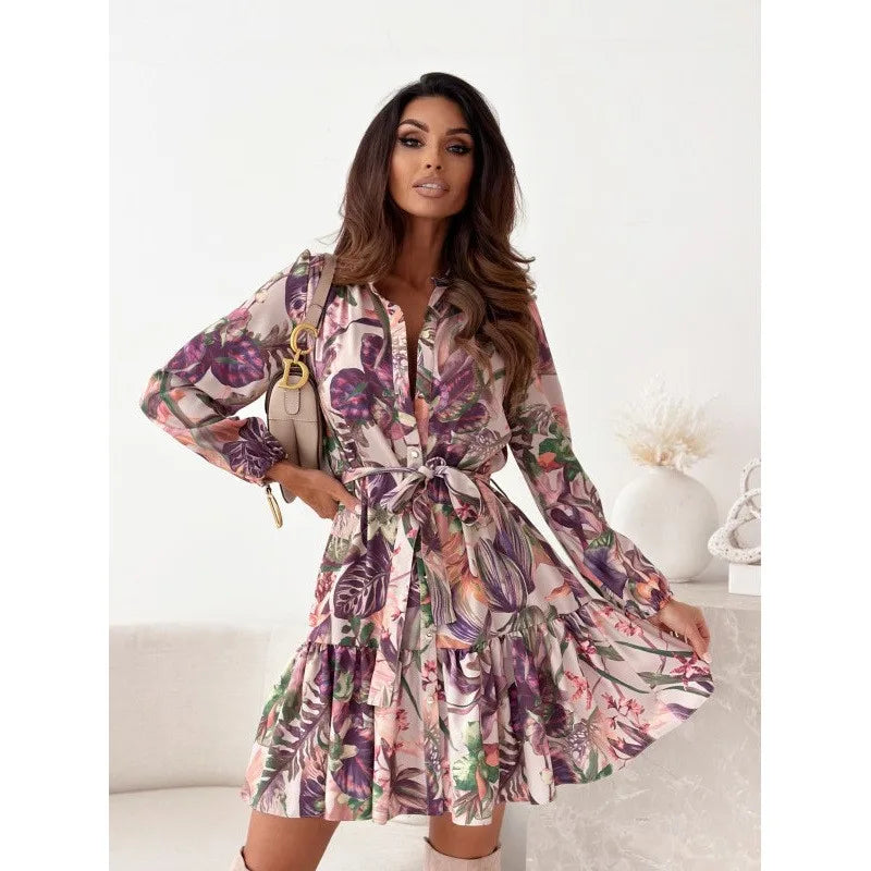 Autumn Long Sleeved Elegant Women's Dress With Plant Floral Print Lantern Sleeves Half Open Collar And Waist Cinching Midi Dress