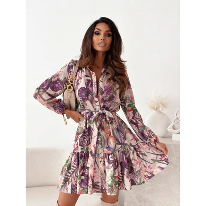Autumn Long Sleeved Elegant Women's Dress With Plant Floral Print Lantern Sleeves Half Open Collar And Waist Cinching Midi Dress