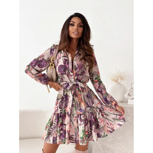 Autumn Long Sleeved Elegant Women's Dress With Plant Floral Print Lantern Sleeves Half Open Collar And Waist Cinching Midi Dress