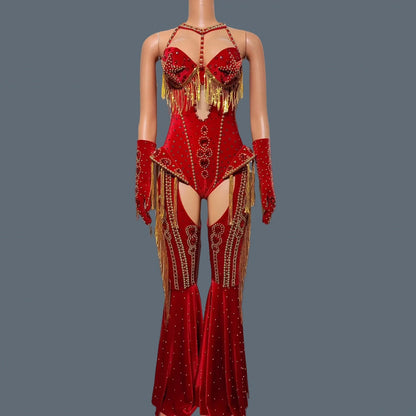 Women Sparkly Rhinestone Red Bodysuit 4Pieces Set Nightclub Party Stage Show Outfit Cabaret Carnival Showgirl Sexy Wear Hongding
