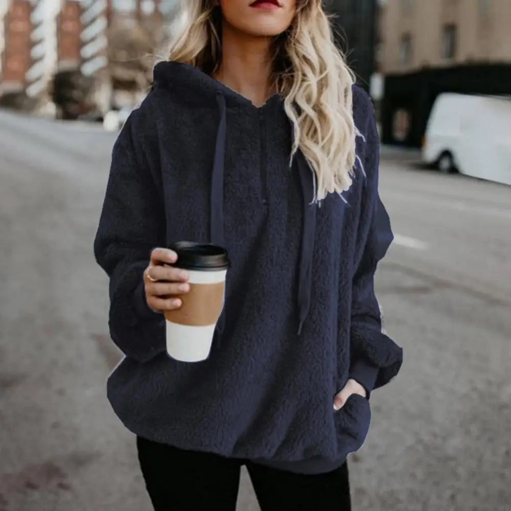 Winter Hoodies Long Sleeve Two Pockets Pullover Sweatshirt Plush Turtleneck Zipper Neck Women Fluffy Sweatshirt Outerwear