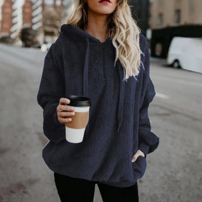 Winter Hoodies Long Sleeve Two Pockets Pullover Sweatshirt Plush Turtleneck Zipper Neck Women Fluffy Sweatshirt Outerwear