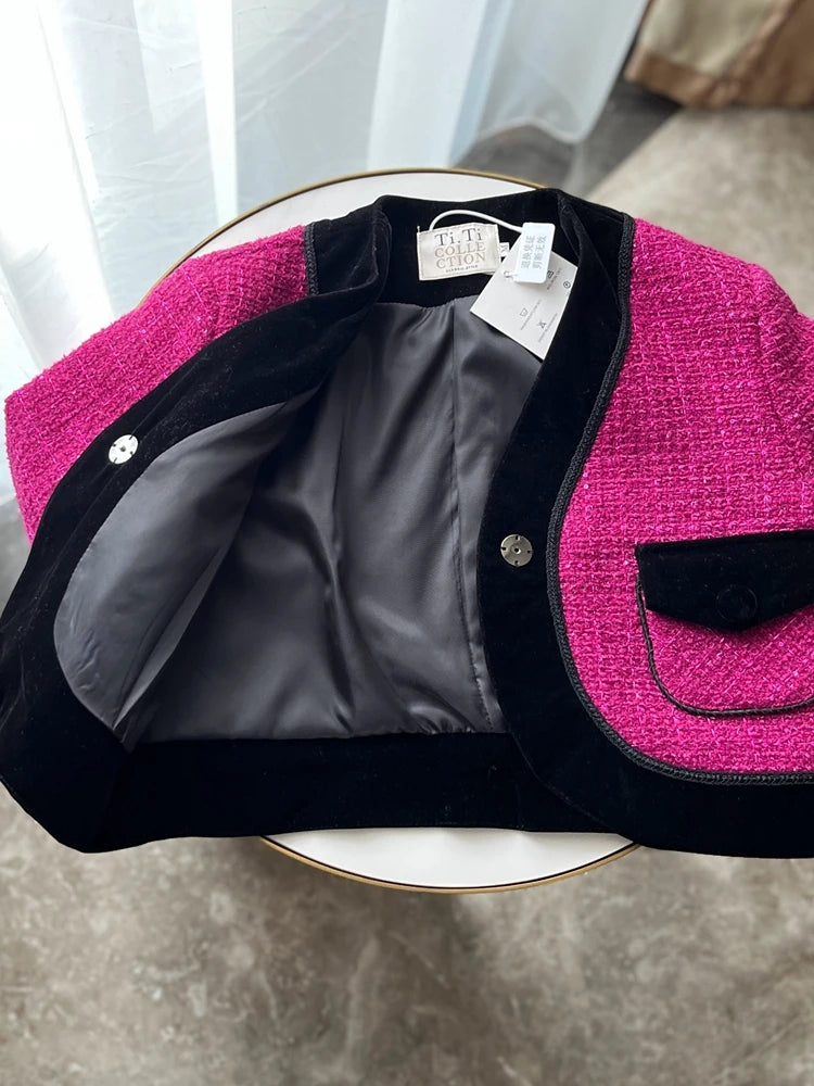 EtherealBe sweet pink tweed blazer for ladies with black velvet trim and satin lining