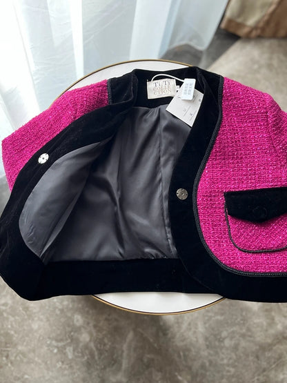 EtherealBe sweet pink tweed blazer for ladies with black velvet trim and satin lining