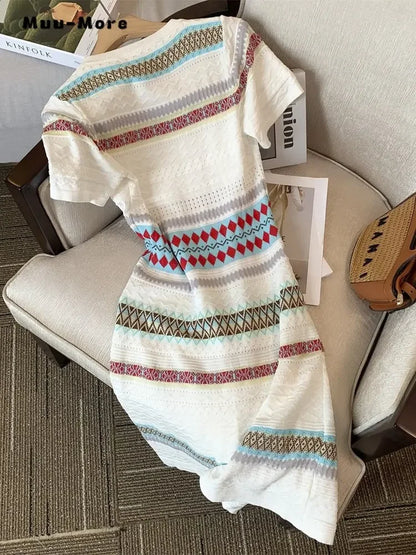 Women's Vintage Short Sleeve Striped O-neck Mini Dresses 2024 Summer Elegant Classic Office Lady A-Line Dress Lady Clothes