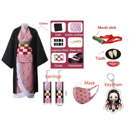 EtherealBe Demon Slayer Nezuko cosplay costume with accessories including earrings, mask, and keychain