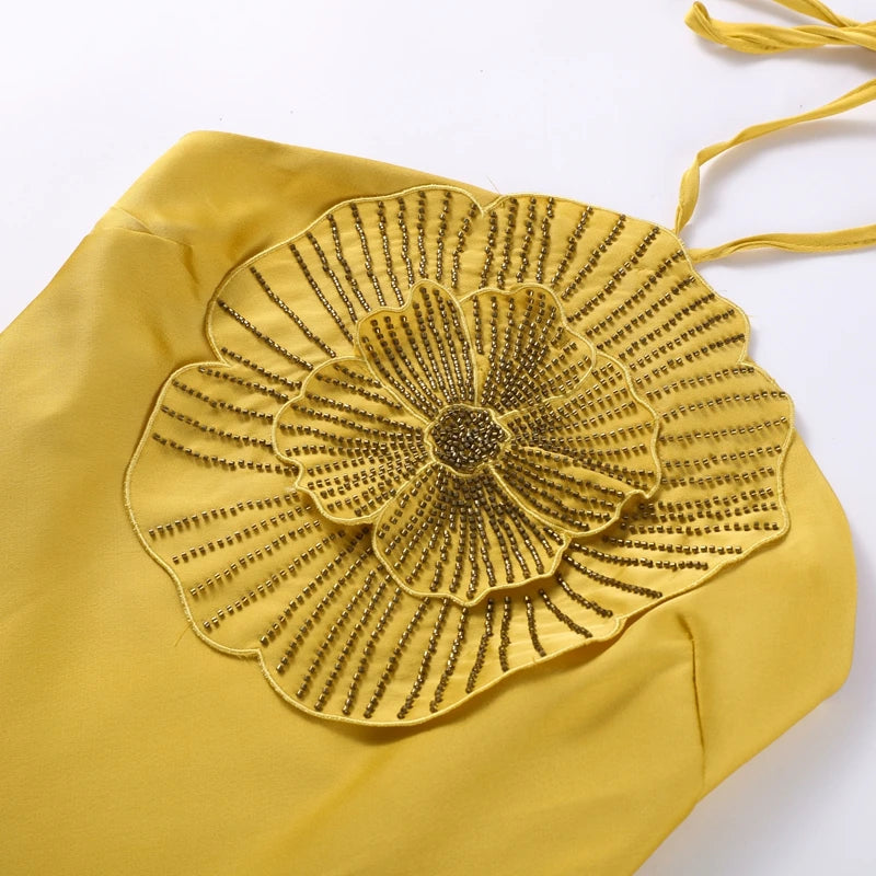 Elegant Party Women's Dress 3D Flower Halter Sleeveless Backless Mermaid Satin Female Dresses 2025 Summer Chic Evening Lady Robe