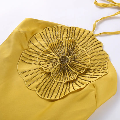 Elegant Party Women's Dress 3D Flower Halter Sleeveless Backless Mermaid Satin Female Dresses 2025 Summer Chic Evening Lady Robe