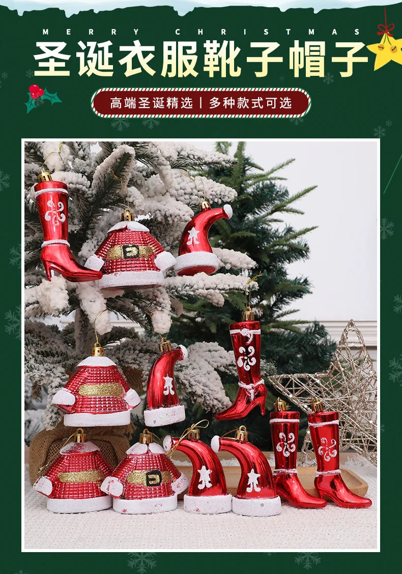 New Christmas Decorations Plastic Painted Boots Clothes Hats Small Ornaments Pendants Christmas Tree Decorations Fabric Hangings