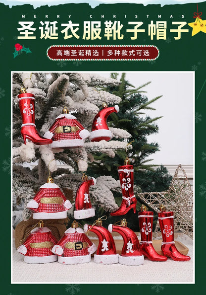 New Christmas Decorations Plastic Painted Boots Clothes Hats Small Ornaments Pendants Christmas Tree Decorations Fabric Hangings