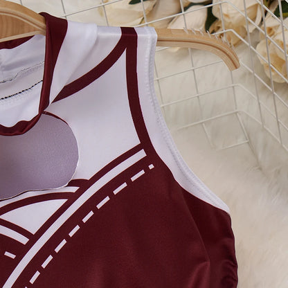 kawaii cartoon bodysuit costume for women maroon and white sleeveless stretch fabric with chest keyhole detail on hanger