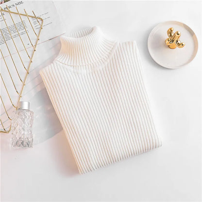Autumn Winter Women Knit Solid Turtleneck Pull Sweater Casual Rib Jumper Tops Female Home Pullover Y2K Clothing 2025