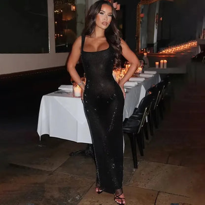 NIDANSSI 2025 Diamonds Glitter Backless Sexy Dress For Women Robes Evening Club Party Dress Bodycon Mini Summer Dress Vestidos