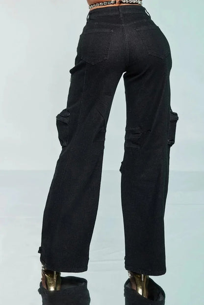Women Cutout Diamonds Crystal Hollow Out Straight Denim Pants 2024 Fall Multi Pocket High Waist Wide Leg Jeans Trousers