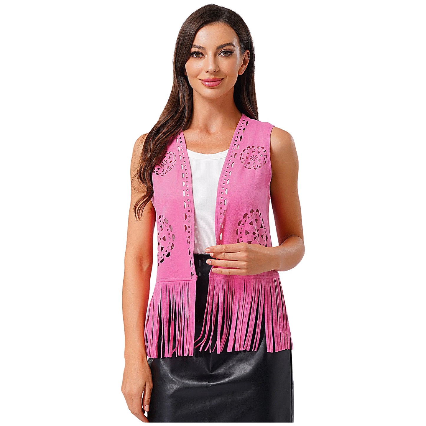 Womens Western Cowgirl Hippy Cosplay Costume Vintage Hollow Out Tassel Tank Tops Fringe Vest 70s Disco Faux Suede Waistcoat