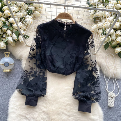 Vintage Blouse for Women Hollow Lace Sheer Long Lantern Sleeve Stand Collar Skinny Blouses Versatile Female Tops Dropshipping