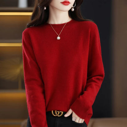 Fashion 100% Merino Wool Sweater Elegant Cashmere Pullover Women O-Neck Long Sleeve Knitwear Basic Clothing  Jumper Tops
