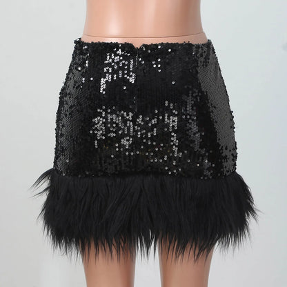 Mini Skirt For Hot Girl Women'S High Waist Sequin Feather Patchwork Wrap Hip Bodycon Mini Skirt Party Club Skirts With Zipper