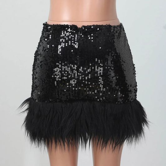 Mini Skirt For Hot Girl Women'S High Waist Sequin Feather Patchwork Wrap Hip Bodycon Mini Skirt Party Club Skirts With Zipper