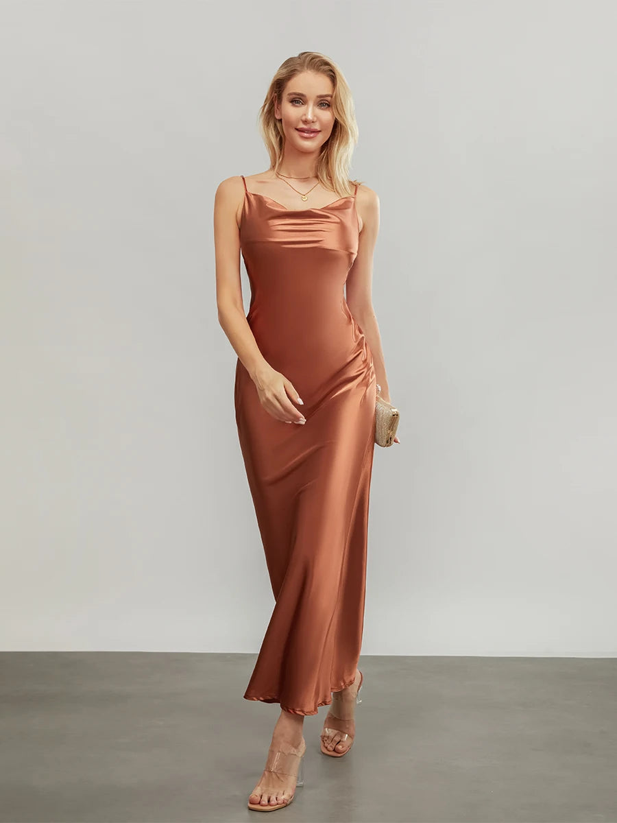 wsevypo Elegant Spaghetti Straps Satin Long Dress Solid Color Sleeveless Cowl Neck Wrap Party Dress Summer Backless Cami Dress