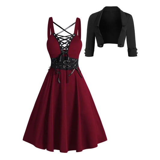 2025 Womens Gothic Dresses Sets Solid Color Open Front Crop Jacket and Lace Up Buckle Strap Crisscross Dress Outfit