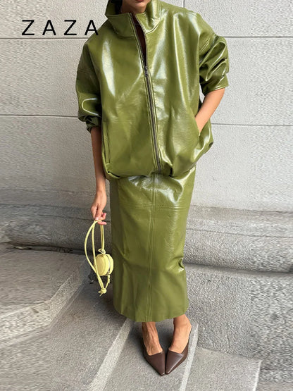 Vintage Solid Pu Leather Jacket Skirt Set High Neck Coat Slim Fit Long Skirt Coats Skirt Sets 2025 New Autumn Winter Lady Outfit