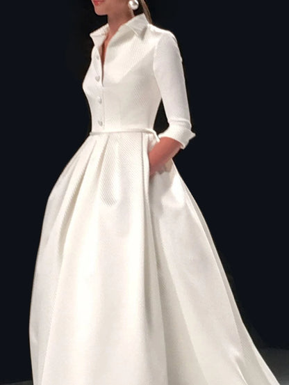 Elegant A Line Maxi Wedding Dress Women Solid Party Evening Bridesmaid Long Dress Pockets Turndown Collar Women Vestidos