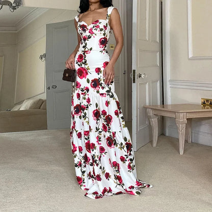 Ellafads Maxi Dress Women Summer Elegant Fashion Floral Print Suspender Sleeveless Slim Backless Evening Beach Maxi Dresses