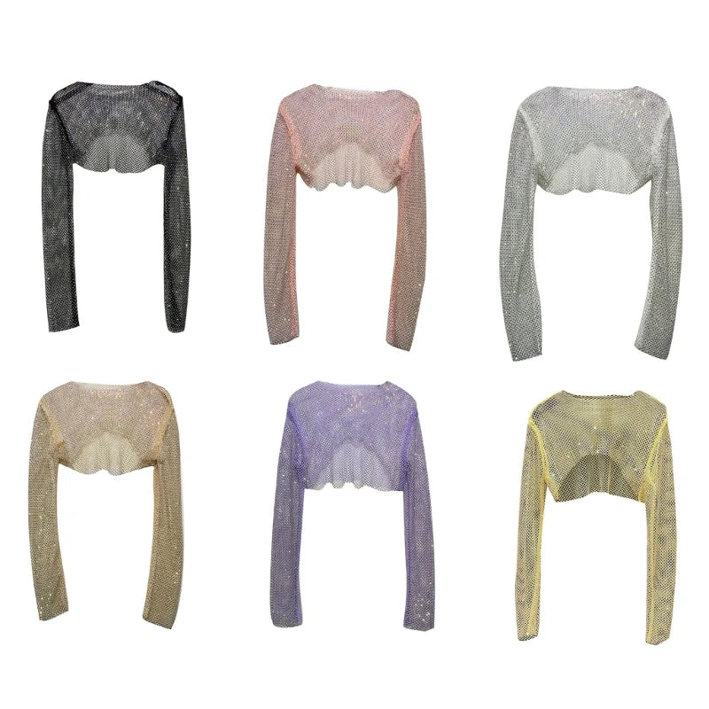 Women Colorful Rhinestones Long Sleeve Crop Top Sparkly Glitter Drill Shawls Shrug See Through Fishnet Cover Up Clubwear
