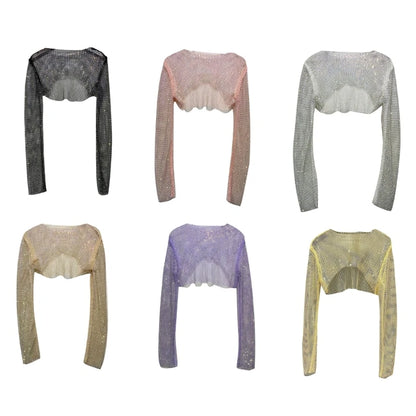 Women Colorful Rhinestones Long Sleeve Crop Top Sparkly Glitter Drill Shawls Shrug See Through Fishnet Cover Up Clubwear