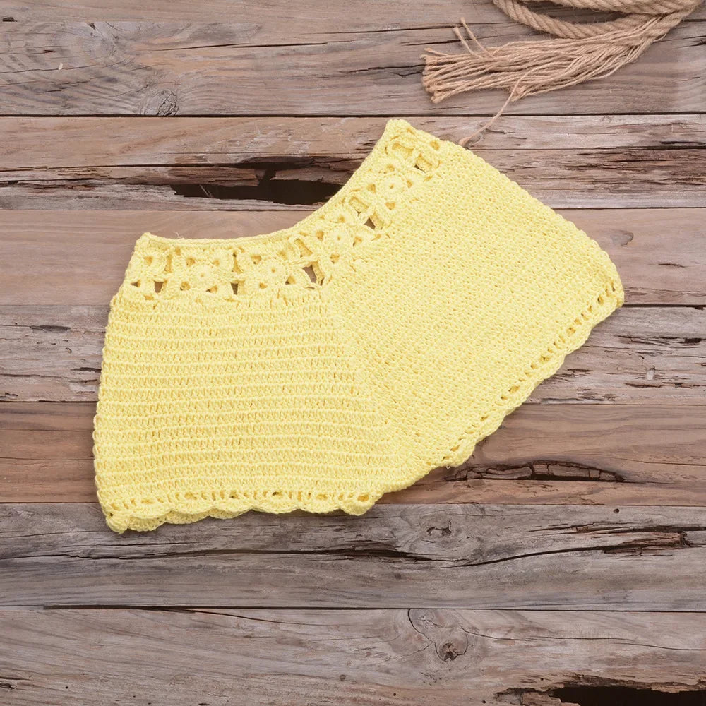 Sexy Hollow out Hooked Bikini Set Short Style Beachwear Pure Color Vacation Cover up Beach Clothes Women's Fashion Swimwear